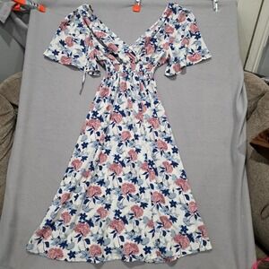 Floral Smocked Waist Midi Dress Flutter Sleeve V-Neck Pink Blue White Medium